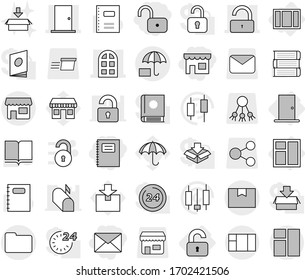 Editable thin line isolated vector icon set - unlock, shop, mail, copybook, door, arch window, package box, documents, insurance, unlocked, book vector, japanese candle, office, umbrella, share