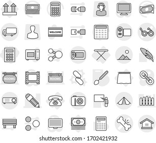 Editable thin line isolated vector icon set - calculator, broken bone vector, pacemaker, pencil, shipping, tent, landscape, curtain, phone, iron board, link, big spoon, welcome mat, microwave oven