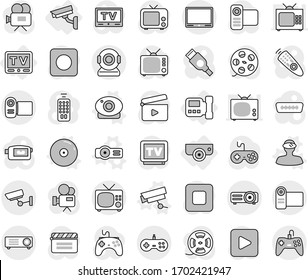 Editable thin line isolated vector icon set - surveillance, intercome, camera, tv, web vector, vr helmet, projector, cd, cinema clap, film spool, gamepad, video, remote control, play button, stop