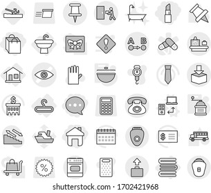 Editable thin line isolated vector icon set - home, shopping bag, balloon, lipstick, eye vector, pin, route a to b, phone, courier delivery, package, baggage checking, sink, hanger, towels, cauldron