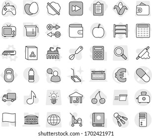 Editable thin line isolated vector icon set - clipboard, pill vector, airport building, charge particle, factory, speed train, measuring cup, eggs, cherry, corn, cleaner trolley, splotch, scoop, tv