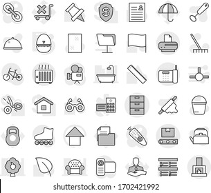 Editable thin line isolated vector icon set - archive vector, transporter tape, egg timer, rake, bucket, window cleaning, kettle, whisk, rolling pin, dish, ruler, glasses, paper, flag, leaf, exam