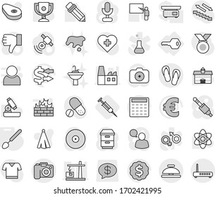 Editable thin line isolated vector icon set - camera, flip flops, service bell, key, big spoon, syringe, spot, water tap sink, towel vector, steak, university, pencil, blackboard, atom, microscope