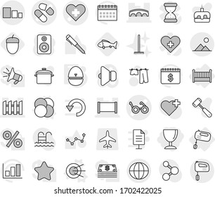 Editable thin line isolated vector icon set - wineglass, heart cross vector, pill, pacemaker, fence, bridge, sorting, globe, landscape, crib, mixer, atom core, satellite, egg timer, fish, acorn, pan