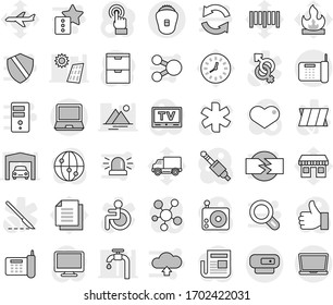 Editable thin line isolated vector icon set - office vector, plane, phone, delivery, clock, document, flammable, barcode, radio, newspaper, tv, internet, touchscreen, monitor, social media, heart