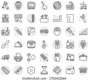 Editable thin line isolated vector icon set - crutch vector, ruler, repair tools, wrench, pan, mixer, cleaner trolley, broom, vacuum, car fetlock, cleaning agent, sink, hand dryer, home call, dish