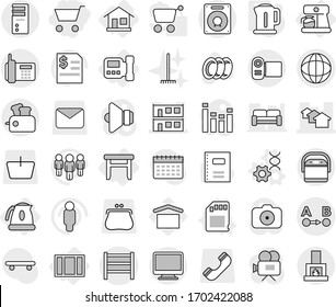 Editable thin line isolated vector icon set - cart, houses, modular house, globe, route a to b, phone, rack, home, intercome, stool, coffee maker, kettle, window, dna edit vector, sd card, plates