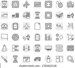 Editable thin line isolated vector icon set - sand clock vector, leafs, house, clipboard check, vip fence, hotel, power socket, tv, towel, window cleaning, ecology, kitchen, toilet, knife, bus, flag