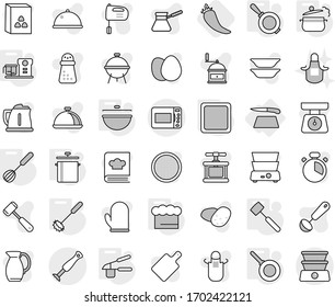 Editable thin line isolated vector icon set - cutting board, cauldron, pan, steam, chief hat, garlic clasp, whisk, meat hammer, food processor, hot pepper, apron, kettle vector, scales, cook glove