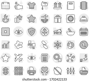 Editable thin line isolated vector icon set - star, calculator, eye vector, female sign, virus, brain, health care, house with garage, calendar, protected, plane shipping, handwheel, service bell