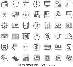 Editable thin line isolated vector icon set - hand coin, money, receipt, atm, dollar vector, graph, cart, japanese candle, credit card, wallet, piggy bank, manager, growth, annual report, clock