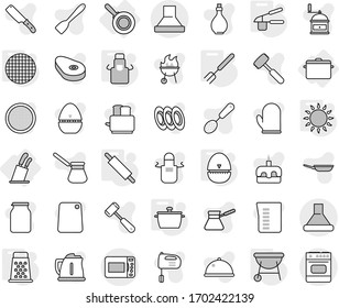 Editable Thin Line Isolated Vector Icon Set - Stands For Knives, Pan, Apron, Egg Timer, Garlic Clasp, Big Fork, Rolling Pin, Gas Oven, Bbq, Grater, Sieve, Vector, Kettle, Oil, Measuring Cup, Skimmer