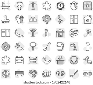 Editable thin line isolated vector icon set - necklace, pyramid, gothic architecture, smart house, package, palm hammock, cpu vector, solar power, ladle, coffee seeds, goose, cow, hand leaf, garden