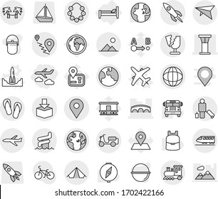 Editable thin line isolated vector icon set - journey, airport tower, bridge, geo pin, globe, route, scooter shipping, package, rocket, broken, earth, plane, train, deltaplane, passenger, tent, bed