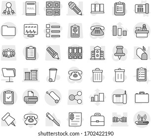 Editable thin line isolated vector icon set - list, calculator, building, school, district, pencil, clipboard check, documents, suitcase, reception, office phone vector, trash bin, shining window