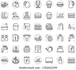 Editable thin line isolated vector icon set - funnel, flask vector, sea shipping, fragile, anchor, pool, flippers, cruise ship, yacht, shark flipper, washing, bucket, plate, kettle, jug, sponge, tap