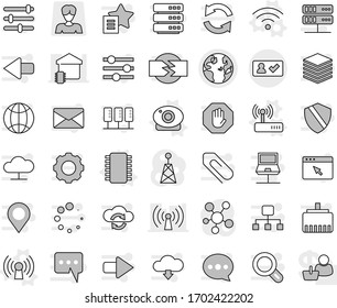 Editable thin line isolated vector icon set - globe, check in, chip vector, antenna, web camera, wireless, router, woman, social media, server, notebook network, cloud, exchange, big data, browser