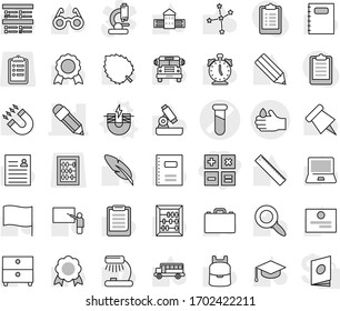 Editable thin line isolated vector icon set - calculator, test vial vector, pencil, acid, electric magnet, copybook, graduate hat, pen, school building, blackboard, ruler, glasses, case, backpack