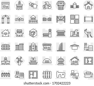 Editable thin line isolated vector icon set - greate wall, bridge, drawbridge, cottage, goverment house, skyscraper, mall, airport building, fence, church, houses, slum, hangare, modern architecture
