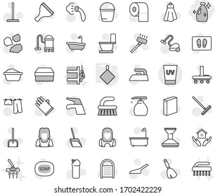 Editable thin line isolated vector icon set - cleanser, uv cream, rag, soap vector, scraper, broom, water tap, vacuum cleaner, fetlock, mop, scoop, rake, bucket, sponge, towel, car, welcome mat