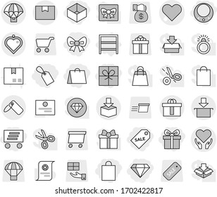 Editable thin line isolated vector icon set - gift, bow, shopping bag, box, label, sale, delivery, diamond, necklace, heart vector, health care, package, hi quality, parachute, pendant, rack, cart