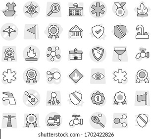 Editable thin line isolated vector icon set - medal, ambulance star vector, medical label, sign, university, flammable, train, tennis, shield, handwheel, water tap, handle washing, protected, funnel