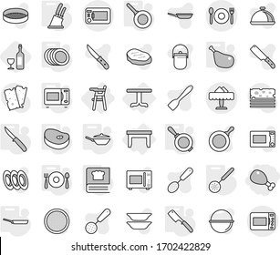 Editable thin line isolated vector icon set - chicken leg, cafe, restaurant, table, Chair for babies, pan, skimmer, knife holder, chef, microwave oven, cooking book, plates, fork spoon plate, steake