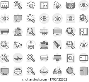 Editable thin line isolated vector icon set - magnifier, eye vector, plane, mirror, tv, 3d glasses, pickup, telescope, bank building, truck trailer, search document, globe, marker, monitor, bench