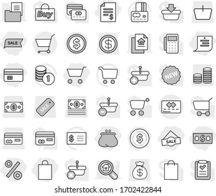 Editable thin line isolated vector icon set - cart, money, credit card, account balance, purse, shopping list, bag, sale, percent, dollar coin vector, stack, receipt, basket, estate document, search