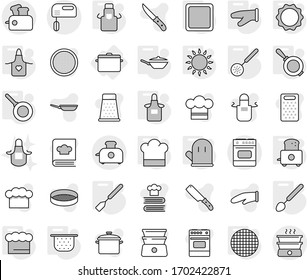 Editable thin line isolated vector icon set - pan, colander, cook hat, chief, apron, glove, cutting board, skimmer, spatula, big spoon, toaster, gas oven, induction, sieve, vector, knife, grater