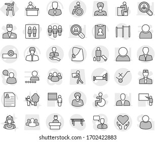 Editable thin line isolated vector icon set - wc, head reflector vector, hospital bed, broken hand, health care, recieption, client, support manager, do not trolley sign, passenger, invalid, cleaner