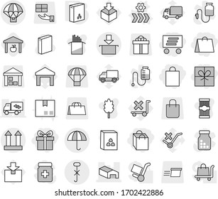 Editable thin line isolated vector icon set - gift, shopping bag, delivery, warehouse, dry cargo, top sign, do not hook, package, parachute, conveyor vector, cereals, washing powder, cereal, pasta