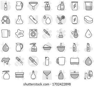 Bearbeitbare dünne Linie einzeln Vektorillustration Symbol Set - Trichter, Pipette Vektorillustration, Bluttropfen, Pegel, Cocktail, Waschmaschine, Tasse, Leiter, Kessel, Kessel, Pflanzenöl, Mess, Schwamm, Wasser, Splotch, Shampoo