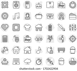 Editable thin line isolated vector icon set - home, sale, heart, syringe vector, satellite, medal, remote control, pan, on off button, wireless mouse, bucket, package, cake, pen, notebook pc, music