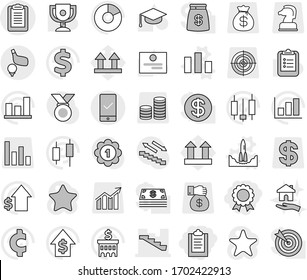 Editable thin line isolated vector icon set - clipboard, medal, stairs, mobile checking, golf, rocket start vector, chart, housing, graduate hat, award cup, certificate, graph, pie, japanese candle