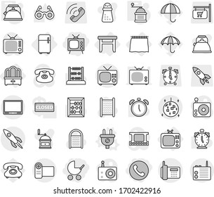 Editable thin line isolated vector icon set - phone, tv, baby stroller, rocket, disco ball, curtain, dresser, stool, fridge, plug vector, kettle, hand mill, washboard, glasses, alarm clock, abacus