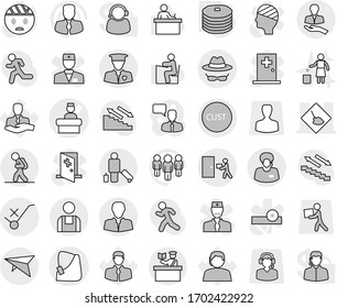 Editable thin line isolated vector icon set - broken hand vector, hospital recieption, under construction, client, support manager, customs, do not trolley sign, courier delivery, security man
