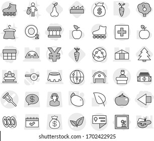 Editable thin line isolated vector icon set - market, left arrow, crutch vector, leafs, hospital recieption, barn, dome house, greenhouse, flower bed, stadium, location details, first aid, in window