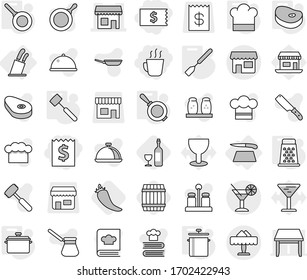 Editable thin line isolated vector icon set - receipt, hot drink, shop, cocktail, restaurant, cutting board, stands for knives, pan, cook hat, spatula, meat hammer, grater, steake, pepper, barrel