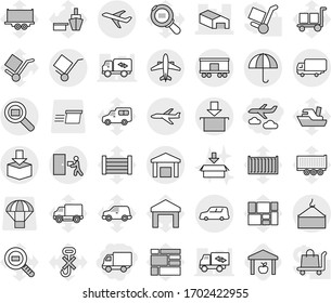 Editable thin line isolated vector icon set - delivery, journey, warehouse, plane, shipping, car, loading crane, trolley, dry cargo, courier, package, search, railroad, airplane, ship vector, port