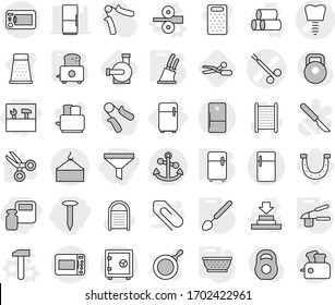 Editable thin line isolated vector icon set - scales weight, funnel, tools, nail, tooth implant vector, surgical clamp, loading crane, anchor, safe, fridge, press, pipes, metal rolling, hammer, pan