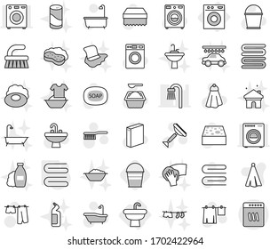 Editable thin line isolated vector icon set - sink, washing machine, towel, bucket, soap vector, scraper, fetlock, sponge, bath, drying clothes, washer, powder, shampoo, wiping, house cleaning