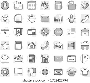 Editable thin line isolated vector icon set - remove from basket, phone, ring button, envelope vector, wireless, browser window, apron, calculator, flag, dollar, document, call, circle diagram, star