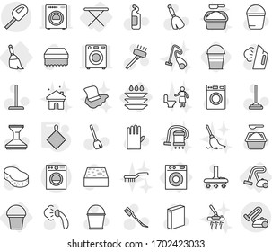 Editable thin line isolated vector icon set - iron board, washing machine, broom, bucket, vacuum cleaner, plate, rag, vector, mop, sponge, car fetlock, steaming, washer, powder, cleaning agent