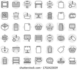 Editable thin line isolated vector icon set - remove from basket, delete cart, box, shop signboard, singlepost, package, rack, label, photo, signpost, table, hanger, cutting board, battery vector