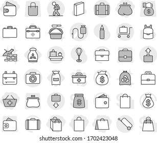Editable thin line isolated vector icon set - wallet, purse, add to basket, shopping bag, doctor case vector, dropper, tourist, suitcase, baggage checking, get, trolley, flour, fertilizer, garbage