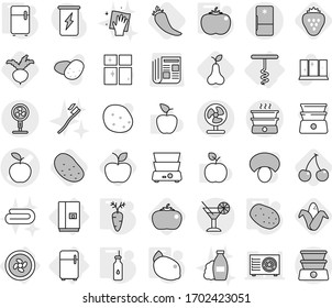 Editable thin line isolated vector icon set - apple vector, cocktail, cooler fan, fridge, corkscrew, vegetable oil, potato, tomato, carrot, lemon, hot pepper, cherry, corn, pear, beet, strawberry