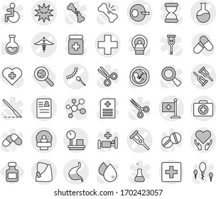 Editable thin line isolated vector icon set - medical cross vector, artificial insemination, crutch, doctor case, flask, tomography, anamnesis, broken hand, sperm, stomach, flag, virus, health care