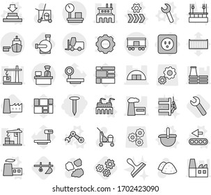 Editable thin line isolated vector icon set - nail, hangare, factory, port, customs control, fork loader, warehouse scales, railroad shipping, power socket, vector, press, ladle, wrench, conveyor