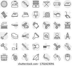 Editable thin line isolated vector icon set - scissors vector, measuring tape, pin, iron board, wireless mouse, wrench, saute pan, whisk, sickle, pruner, scraper, fetlock, sponge, steaming, scoop